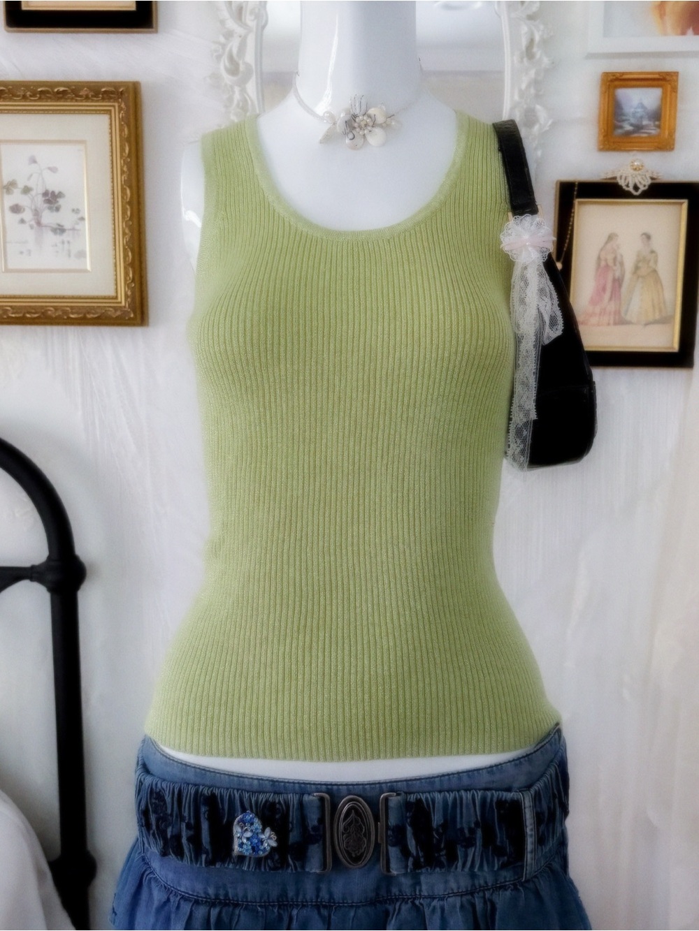Y2K fairy shimmery sparkle ribbed knit green tank